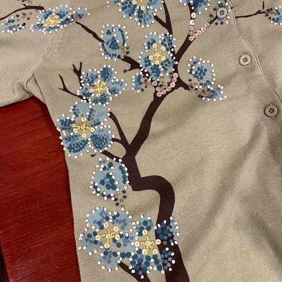 CJ Banks Sage Green Beaded Sequined Tree Design Cardigan 100% Cotton Sweater 14W - Picture 10 of 10